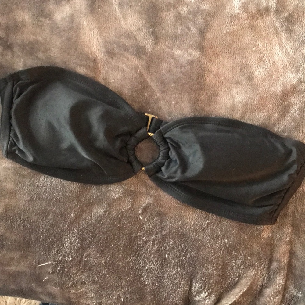 Black bandeau swim top with center gold ring